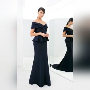 NWT Alexander by Daymor 1368 Off Shoulder Peplum Long Dress- Midnight